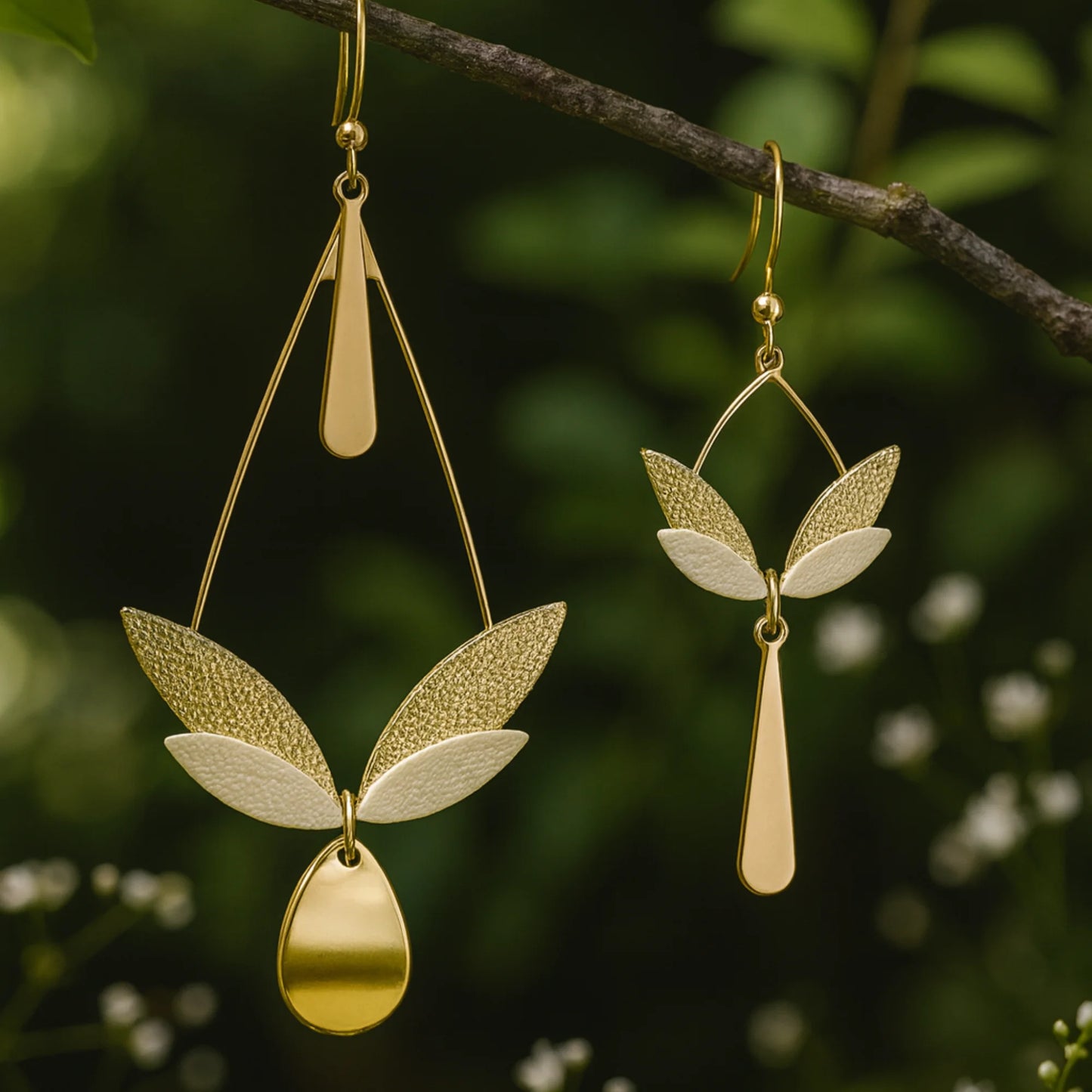 Boucles d’oreilles asymétriques en cuir et métal doré champagne clair, design poétique en forme de feuilles, modèle dépareillé élégant photographié en nature.