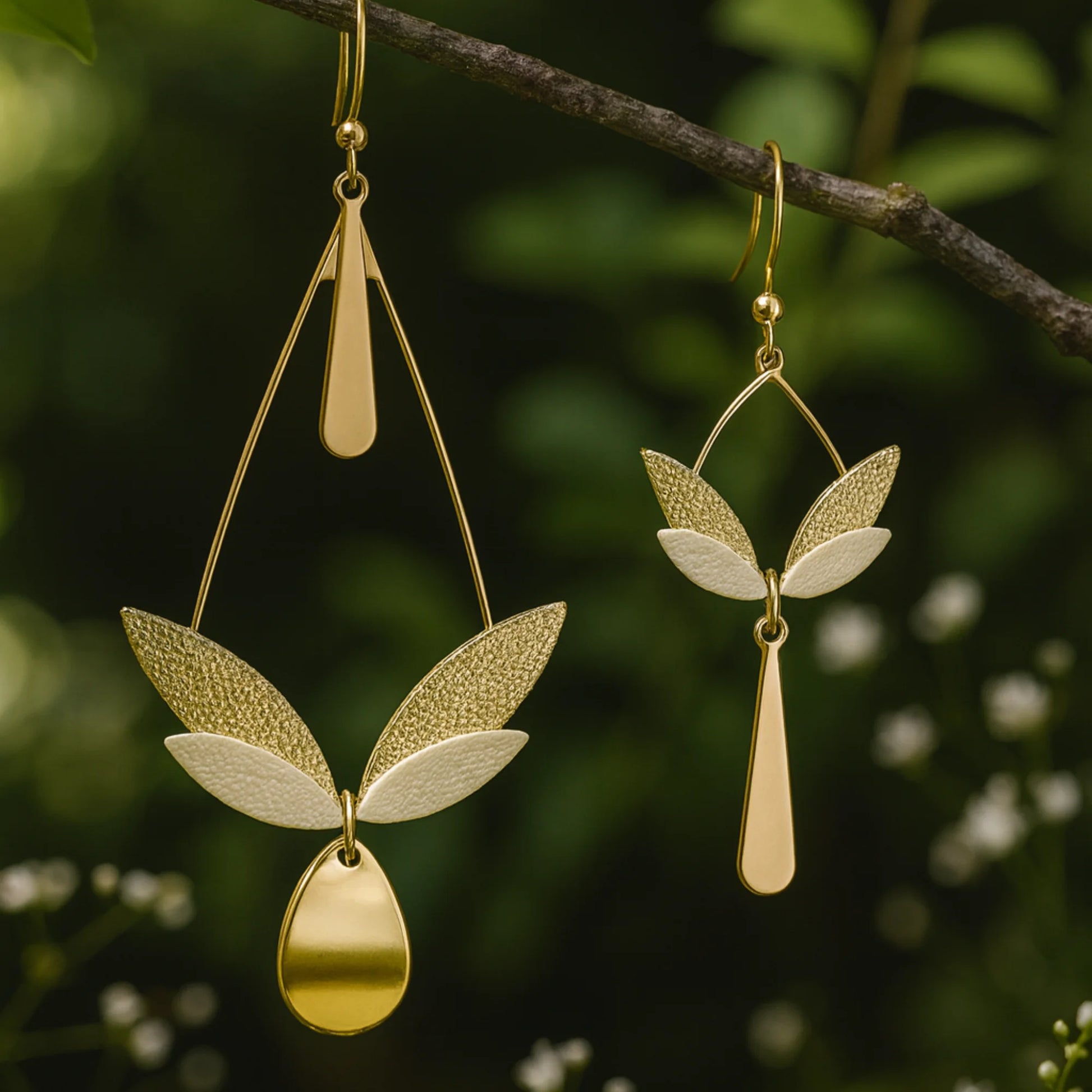 Boucles d’oreilles asymétriques en cuir et métal doré champagne clair, design poétique en forme de feuilles, modèle dépareillé élégant photographié en nature.